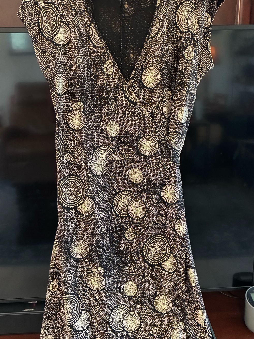 Women's Black Midi Wrap Dress with Cream Medallion Print